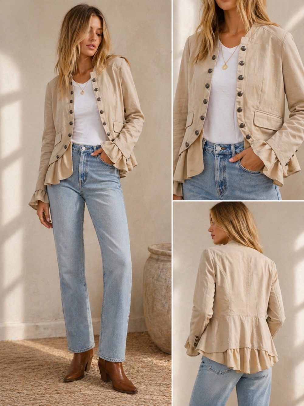 Free People Boho Style Ruffles Romance Jacket Beige | XS NWOT